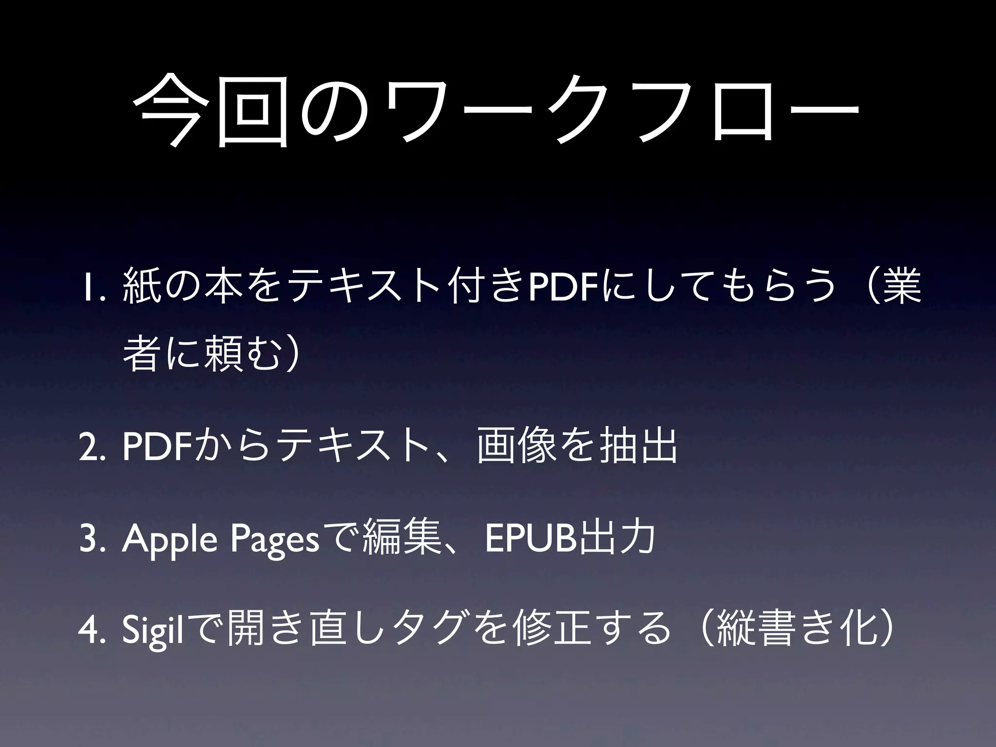 今回のワークフロー
1. 紙の本をテキスト付きPDFにしてもらう（業
 者に頼む）

2. PDFからテキスト、画像を抽出

3. Apple Pagesで編集、EPUB出力

4. Sigilで開き直しタグを修正する（縦書き化）
 