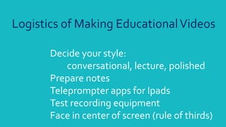 Decide your style:
conversational, lecture, polished
Prepare notes
Teleprompter apps for Ipads
Test recording equipment
Face in center of screen (rule of thirds)
Logistics of Making EducationalVideos
