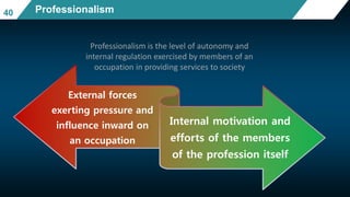 External forces
exerting pressure and
influence inward on
an occupation
Internal motivation and
efforts of the members
of the profession itself
40 Professionalism
Professionalism is the level of autonomy and
internal regulation exercised by members of an
occupation in providing services to society
 