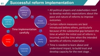 Resilience to
political
change
Engage
stakeholders
Careful
piloting
Sustainable
resources
Careful
timing
Partnership
with the
profession
• All political players and stakeholders need
to develop realistic expectations about the
pace and nature of reforms to improve
outcomes
• Certain reform measures are best
introduced before others, particularly
because of the substantial gap between the
time at which the initial cost of reform is
incurred, and the time when the intended
benefits of reforms materialise
• Time is needed to learn about and
understand impact, to build trust and
develop capacity for the next stage .
61 Successful reform implementation
Time implementation
carefully
 