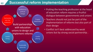 Resilience to
political
change
Engage
stakeholders
Careful
piloting
Sustainable
resources
Careful
timing
Partnership
with the
profession
• Putting the teaching profession at the heart
of education reform requires a fruitful
dialogue between governments and unions
• Teachers should not just be part of the
implementation of reforms but also part of
their design
• Conflict isn’t best addressed by weak
unions but by strong social partnership .
62 Successful reform implementation
Build partnerships
with education
unions to design and
implement reforms
 