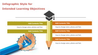 Infographic Style for
Intended Learning Objectives
I n s e r t t h e t i t l e o f y o u r s u b t i t l e H e r e
Add Contents Title
Add Contents Title
Add Contents Title
Add Contents Title
Add Contents Title
Easy to change colors, photos and Text.
Easy to change colors, photos and Text.
Easy to change colors, photos and Text.
Easy to change colors, photos and Text.
 