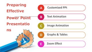 Customized PPt
A
B
C
D
Text Animation
Image Animation
Graphs & Tables
Preparing
Effective
Power Point
Presentatio
ns
E Zoom Effect
 