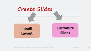Create Slides
3/14/2022
Prof Amita Pandey Bhardwaj, School of Education, SLBSNSU, N. Delhi 7
Inbuilt
Layout
Customize
Slides
 