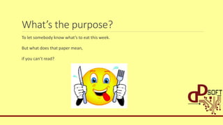 What’s the purpose?
To let somebody know what’s to eat this week.
But what does that paper mean,
if you can’t read?
 