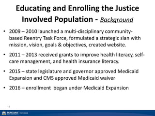 Educating and Enrolling the Justice
Involved Population - Background
• 2009 – 2010 launched a multi-disciplinary community-
based Reentry Task Force, formulated a strategic slan with
mission, vision, goals & objectives, created website.
• 2011 – 2013 received grants to improve health literacy, self-
care management, and health insurance literacy.
• 2015 – state legislature and governor approved Medicaid
Expansion and CMS approved Medicaid waiver
• 2016 – enrollment began under Medicaid Expansion
14
 