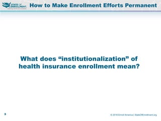 © 2016 Enroll America | StateOfEnrollment.org
What does “institutionalization” of
health insurance enrollment mean?
How to Make Enrollment Efforts Permanent
3
 