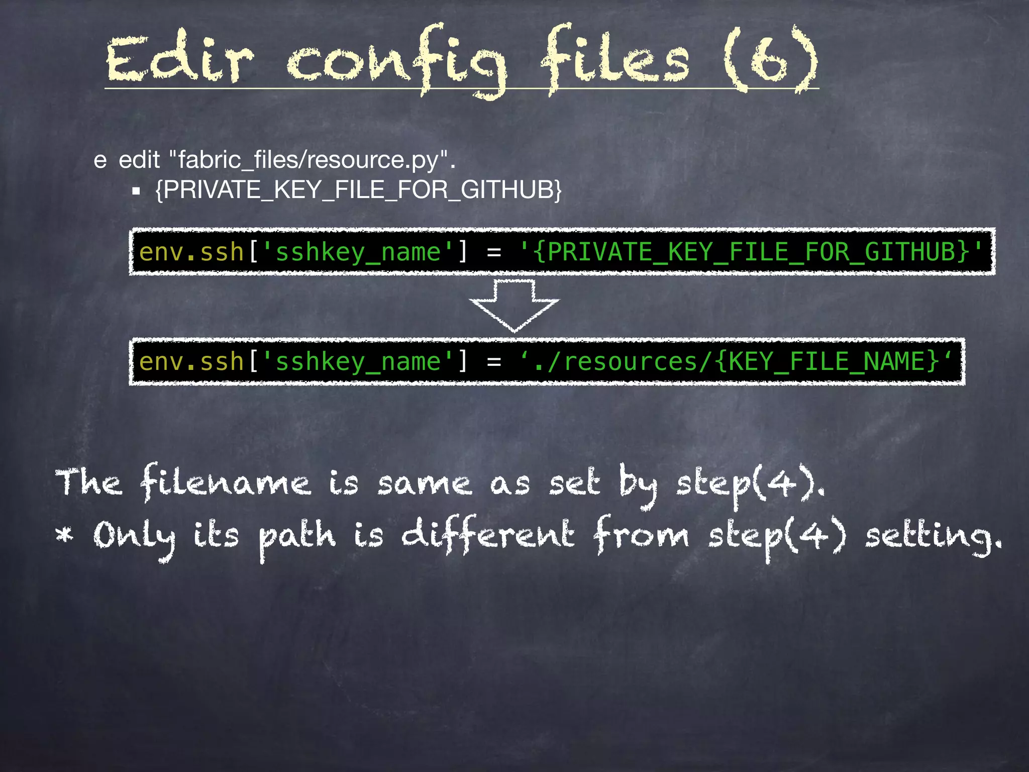 Edir config files (6)
	 e	 edit "fabric_ﬁles/resource.py".

	 ▪	 {PRIVATE_KEY_FILE_FOR_GITHUB}
env.ssh['sshkey_name'] = '{PRIVATE_KEY_FILE_FOR_GITHUB}'
env.ssh['sshkey_name'] = ‘./resources/{KEY_FILE_NAME}‘
The filename is same as set by step(4).
* Only its path is different from step(4) setting.
 