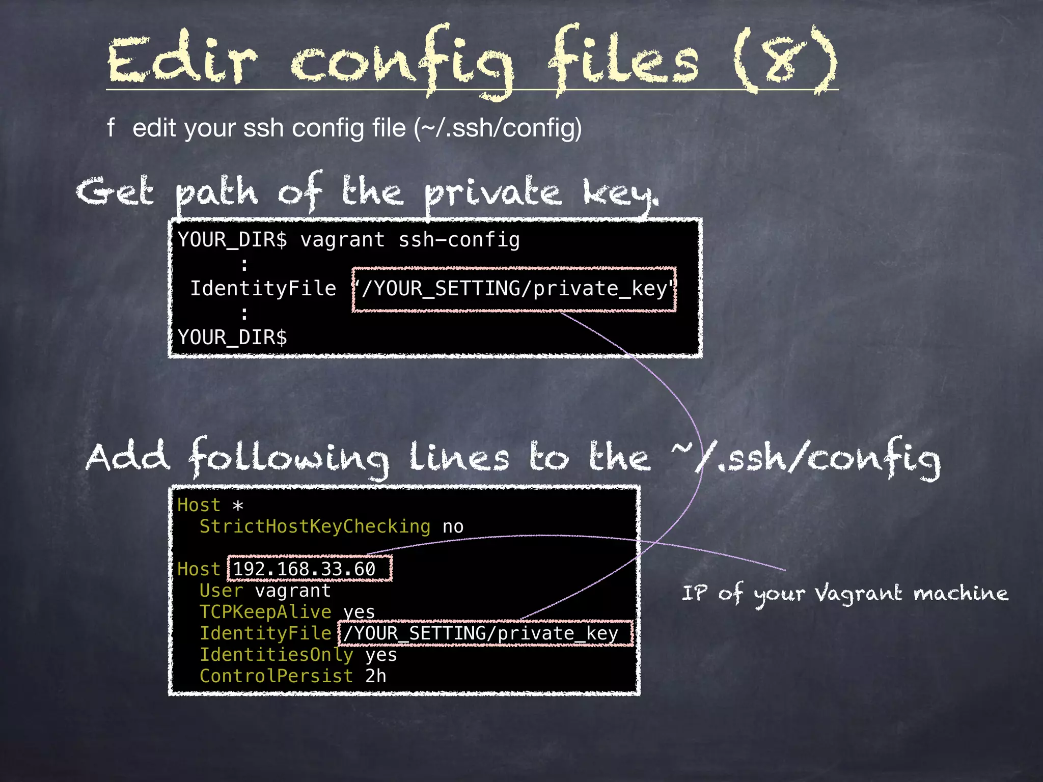 Edir config files (8)
	f	 edit your ssh config ﬁle (~/.ssh/conﬁg)

YOUR_DIR$ vagrant ssh-config
:
IdentityFile “/YOUR_SETTING/private_key"
:
YOUR_DIR$
Get path of the private key.
Host *
StrictHostKeyChecking no
Host 192.168.33.60
User vagrant
TCPKeepAlive yes
IdentityFile /YOUR_SETTING/private_key
IdentitiesOnly yes
ControlPersist 2h
IP of your Vagrant machine
Add following lines to the ~/.ssh/config
 