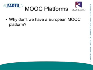 MOOC involvement HEIs
• How many HEIs are involved in MOOCs?
• Does this differ between regions and
countries?
 