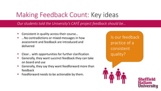 Making Feedback Count: Key ideas
Our students told the University’s CAFÉ project feedback should be…
 Consistent in quality across their course…
 …No contradictions or mixed messages in how
assessment and feedback are introduced and
delivered
 Clear… with opportunities for further clarification
 Generally, they want succinct feedback they can take
on board and use
 Generally, they say they want feedforward more than
feedback
 Feedforward needs to be actionable by them.
Is our feedback
practice of a
consistent
quality?
 