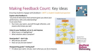 Ensuring students engage with feedback – DEFT: a student-student perspective
Making Feedback Count: Key ideas
Explain what feedback is
“any kind of information that someone gives you about your
performance, skills and understanding”
It can come from
• Your tutor, your peers, yourself through reflection, and
anyone who knows you well
Listen to your feedback, act on it, and improve
 What issues is it highlighting?
 What solutions does it propose?
Good grades? – don’t slip
 Why did you do well?
 How can you do even better?
Disappointing grade? Feeling bad?
 It’s about your work, not you. Learn what you can do to improve.
Sample from:
HEA’s Developing
Engagement with
Feedback Toolkit
(DEFT)
 