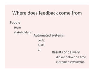 Where does feedback come from 
People 
  team 
  stakeholders 
                  Automated systems 
                    code 
                    build 
                    CI 
                             Results of delivery 
                               did we deliver on 8me 
                               customer sa8sfac8on 
 