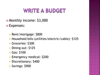  Monthly income: $3,000
 Expenses:
 Rent/mortgage: $800
 Household bills (utilities/electric/cable): $125
 Groceries: $300
 Dining out: $125
 Gas: $100
 Emergency medical: $200
 Discretionary: $400
 Savings: $900
 