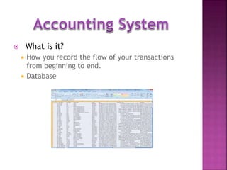  What is it?
 How you record the flow of your transactions
from beginning to end.
 Database
 