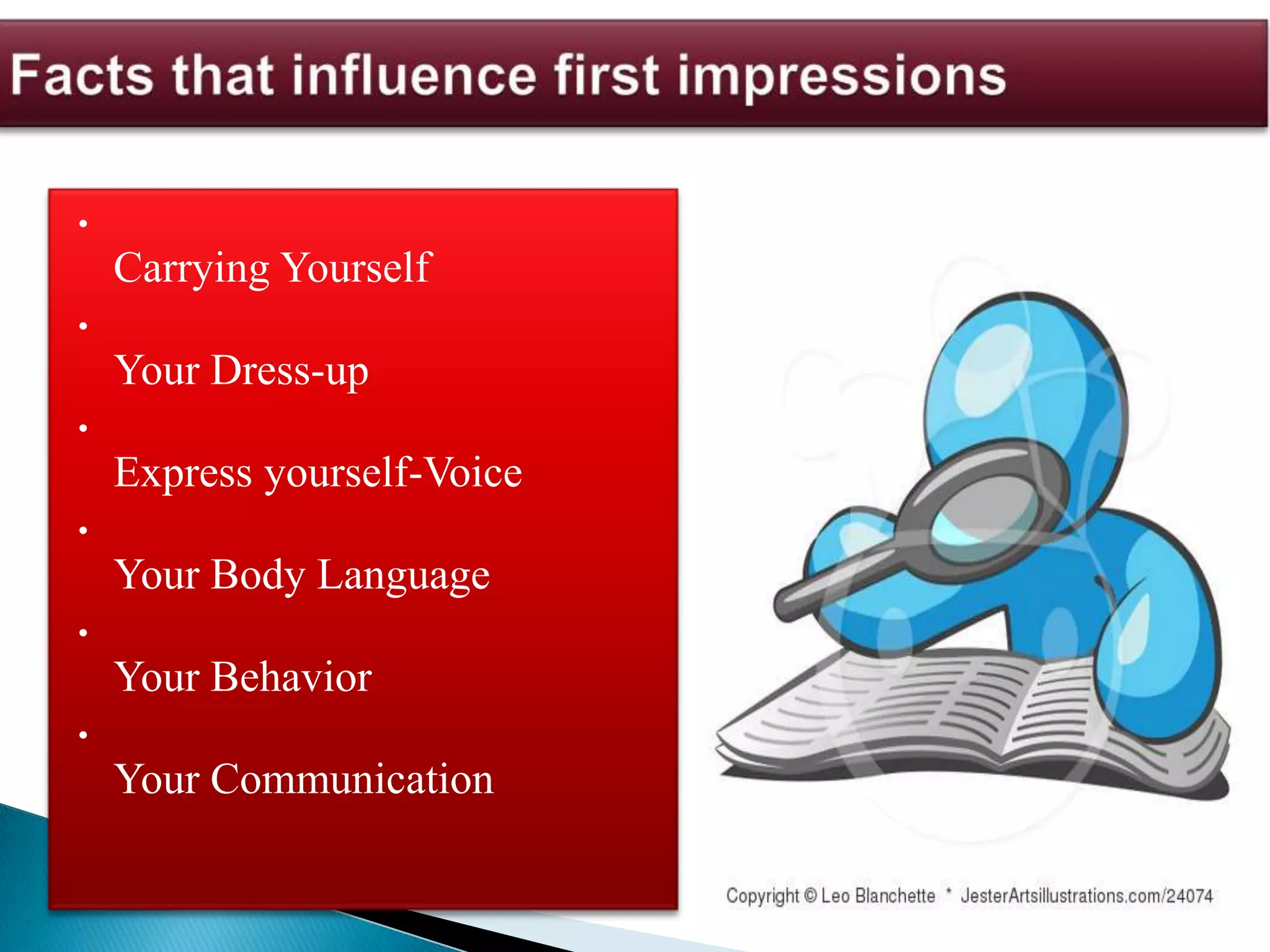 •
    Carrying Yourself
•
    Your Dress-up
•
    Express yourself-Voice
•
    Your Body Language
•
    Your Behavior
•
    Your Communication
 