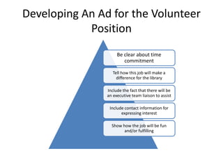 Developing An Ad for the Volunteer
Position
Be clear about time
commitment
Tell how this job will make a
difference for the library
Include the fact that there will be
an executive team liaison to assist
Include contact information for
expressing interest
Show how the job will be fun
and/or fulfilling
 