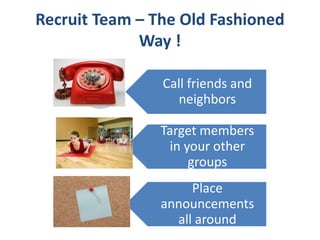 Recruit Team – The Old Fashioned
Way !
Call friends and
neighbors
Target members
in your other
groups
Place
announcements
all around
 