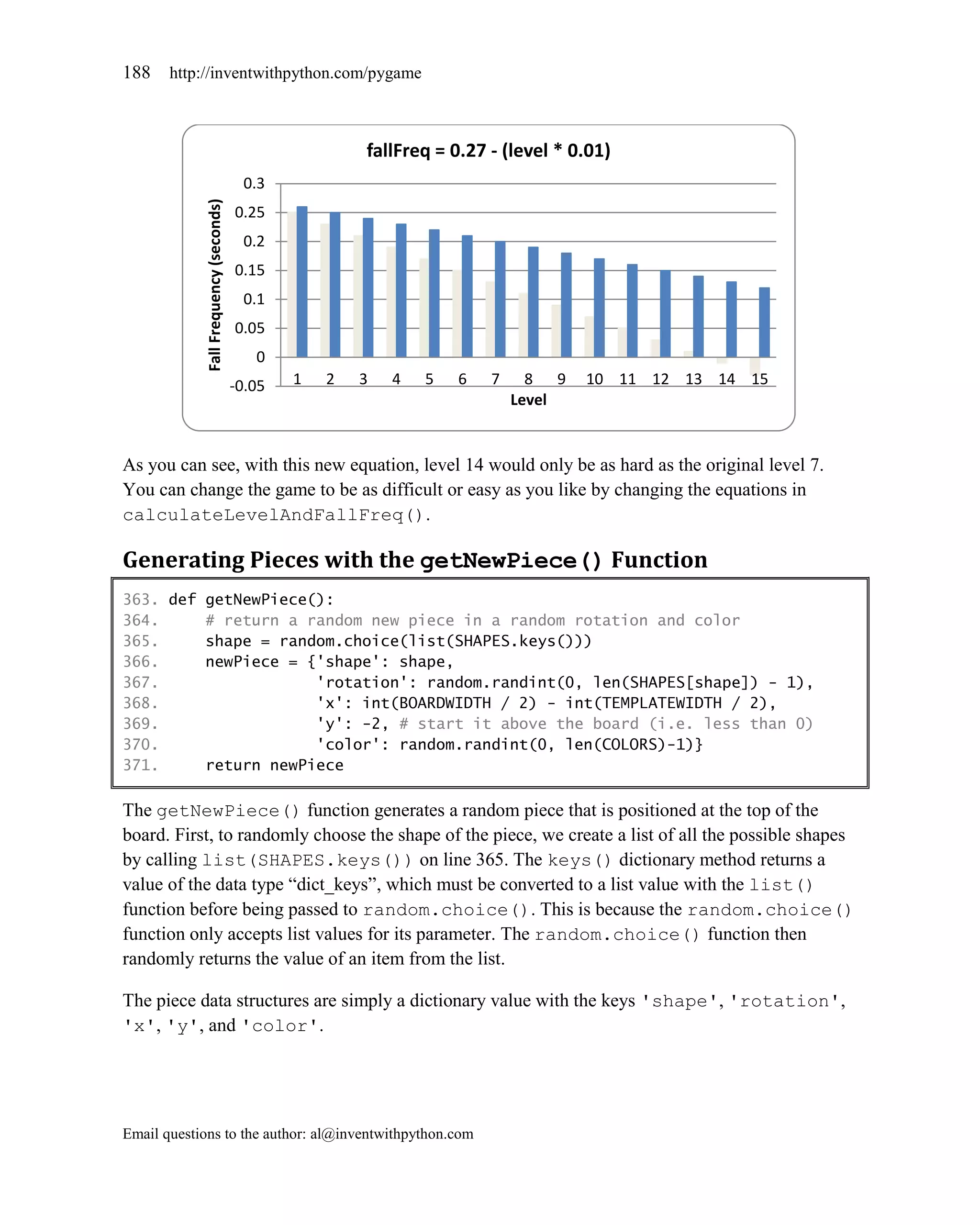 188    http://inventwithpython.com/pygame



                                                        fallFreq = 0.27 - (level * 0.01)
                                         0.3
             Fall Frequency (seconds)   0.25
                                         0.2
                                        0.15
                                         0.1
                                        0.05
                                           0
                                        -0.05   1   2   3   4   5   6   7     8 9   10 11 12 13 14 15
                                                                            Level


As you can see, with this new equation, level 14 would only be as hard as the original level 7.
You can change the game to be as difficult or easy as you like by changing the equations in
calculateLevelAndFallFreq().

Generating Pieces with the getNewPiece() Function
363. def getNewPiece():
364.     # return a random new piece in a random rotation and color
365.     shape = random.choice(list(SHAPES.keys()))
366.     newPiece = {'shape': shape,
367.                 'rotation': random.randint(0, len(SHAPES[shape]) - 1),
368.                 'x': int(BOARDWIDTH / 2) - int(TEMPLATEWIDTH / 2),
369.                 'y': -2, # start it above the board (i.e. less than 0)
370.                 'color': random.randint(0, len(COLORS)-1)}
371.     return newPiece

The getNewPiece() function generates a random piece that is positioned at the top of the
board. First, to randomly choose the shape of the piece, we create a list of all the possible shapes
by calling list(SHAPES.keys()) on line 365. The keys() dictionary method returns a
value of the data type ―dict_keys‖, which must be converted to a list value with the list()
function before being passed to random.choice(). This is because the random.choice()
function only accepts list values for its parameter. The random.choice() function then
randomly returns the value of an item from the list.

The piece data structures are simply a dictionary value with the keys 'shape', 'rotation',
'x', 'y', and 'color'.




Email questions to the author: al@inventwithpython.com
 