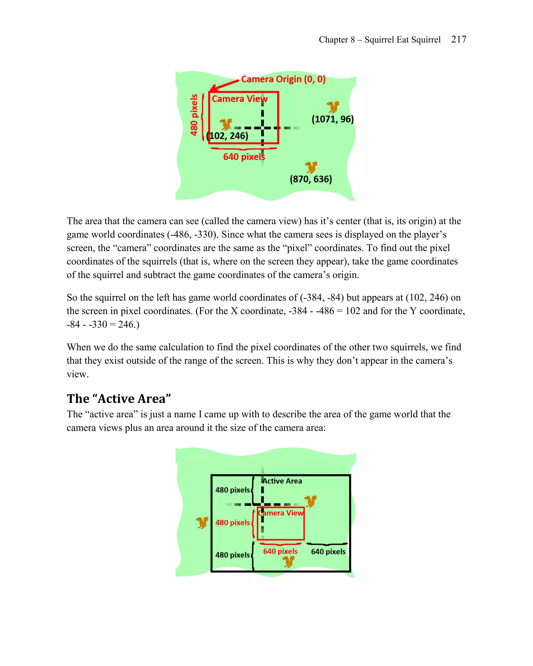 Chapter 8 – Squirrel Eat Squirrel   217




The area that the camera can see (called the camera view) has it’s center (that is, its origin) at the
game world coordinates (-486, -330). Since what the camera sees is displayed on the player’s
screen, the ―camera‖ coordinates are the same as the ―pixel‖ coordinates. To find out the pixel
coordinates of the squirrels (that is, where on the screen they appear), take the game coordinates
of the squirrel and subtract the game coordinates of the camera’s origin.

So the squirrel on the left has game world coordinates of (-384, -84) but appears at (102, 246) on
the screen in pixel coordinates. (For the X coordinate, -384 - -486 = 102 and for the Y coordinate,
-84 - -330 = 246.)

When we do the same calculation to find the pixel coordinates of the other two squirrels, we find
that they exist outside of the range of the screen. This is why they don’t appear in the camera’s
view.

The “Active Area”
The ―active area‖ is just a name I came up with to describe the area of the game world that the
camera views plus an area around it the size of the camera area:
 
