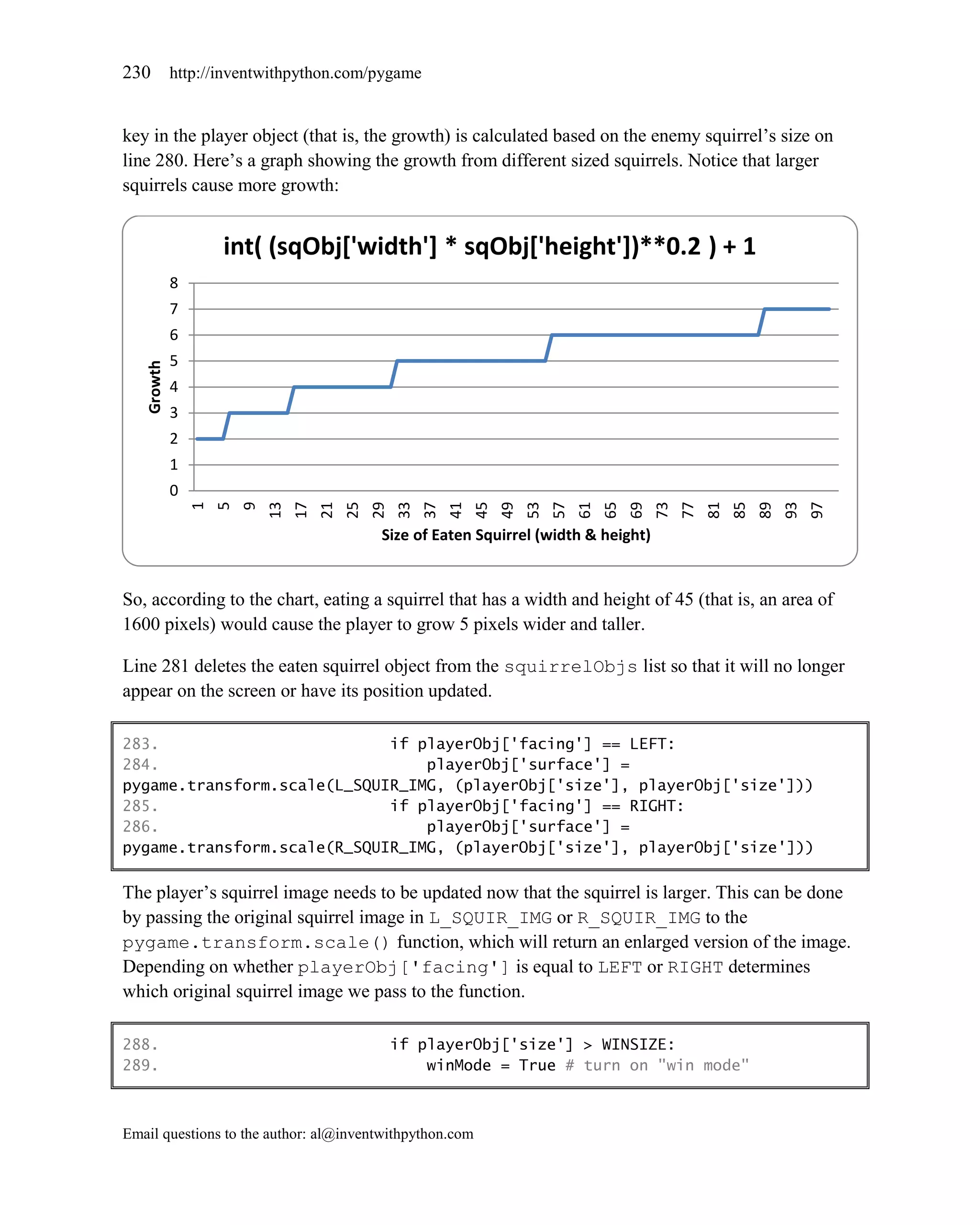 230         http://inventwithpython.com/pygame


key in the player object (that is, the growth) is calculated based on the enemy squirrel’s size on
line 280. Here’s a graph showing the growth from different sized squirrels. Notice that larger
squirrels cause more growth:


                    int( (sqObj['width'] * sqObj['height'])**0.2 ) + 1
            8
            7
            6
            5
   Growth




            4
            3
            2
            1
            0
                1
                    5
                        9


                                 17




                                                                                   57




                                                                                                                                     97
                            13


                                      21
                                           25
                                                29
                                                     33
                                                          37
                                                               41
                                                                    45
                                                                         49
                                                                              53


                                                                                        61
                                                                                             65
                                                                                                  69
                                                                                                       73
                                                                                                            77
                                                                                                                 81
                                                                                                                      85
                                                                                                                           89
                                                                                                                                93
                                                 Size of Eaten Squirrel (width & height)


So, according to the chart, eating a squirrel that has a width and height of 45 (that is, an area of
1600 pixels) would cause the player to grow 5 pixels wider and taller.

Line 281 deletes the eaten squirrel object from the squirrelObjs list so that it will no longer
appear on the screen or have its position updated.

283.                         if playerObj['facing'] == LEFT:
284.                             playerObj['surface'] =
pygame.transform.scale(L_SQUIR_IMG, (playerObj['size'], playerObj['size']))
285.                         if playerObj['facing'] == RIGHT:
286.                             playerObj['surface'] =
pygame.transform.scale(R_SQUIR_IMG, (playerObj['size'], playerObj['size']))

The player’s squirrel image needs to be updated now that the squirrel is larger. This can be done
by passing the original squirrel image in L_SQUIR_IMG or R_SQUIR_IMG to the
pygame.transform.scale() function, which will return an enlarged version of the image.
Depending on whether playerObj['facing'] is equal to LEFT or RIGHT determines
which original squirrel image we pass to the function.

288.                                                 if playerObj['size'] > WINSIZE:
289.                                                     winMode = True # turn on "win mode"



Email questions to the author: al@inventwithpython.com
 