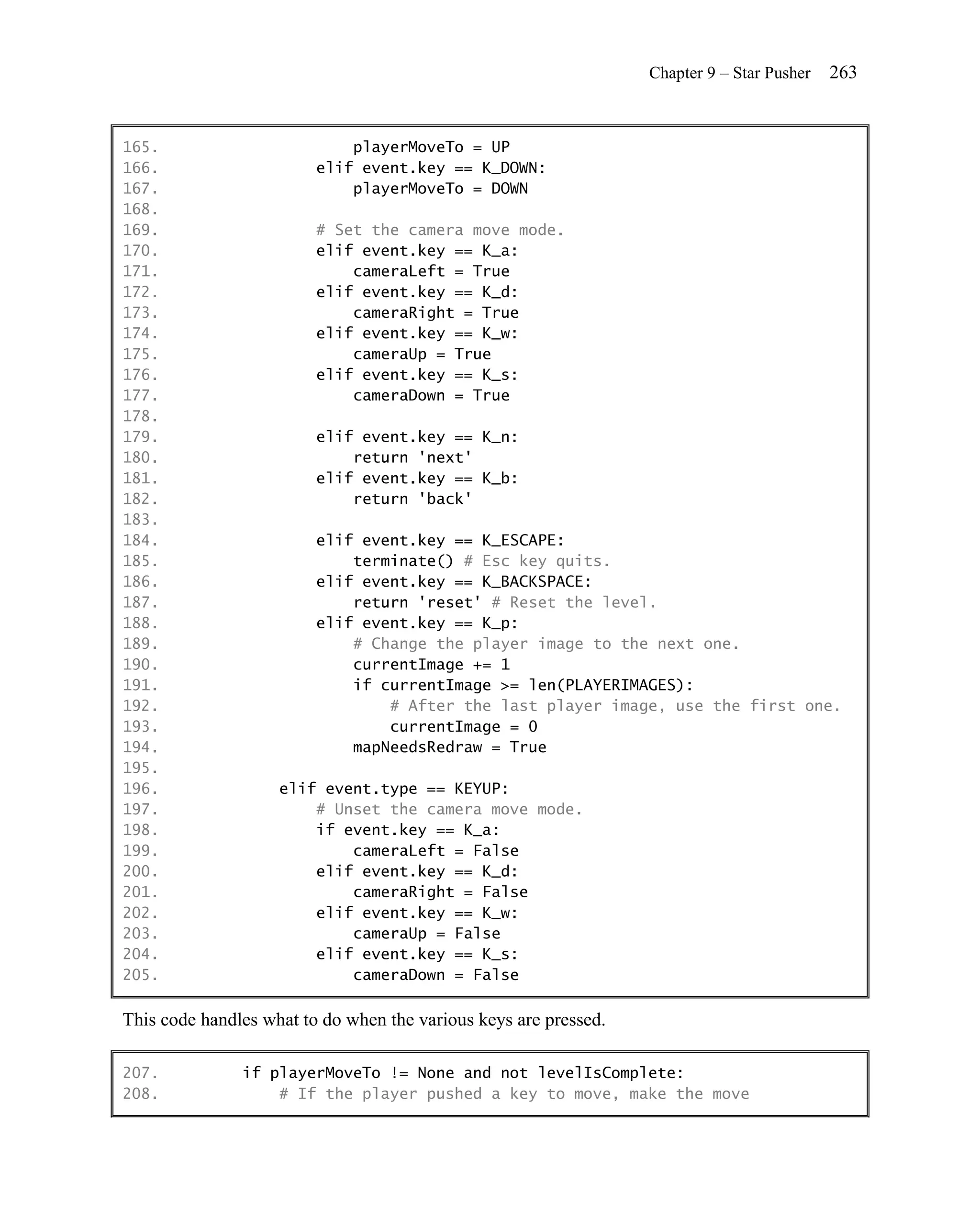 Chapter 9 – Star Pusher   263


165.                         playerMoveTo = UP
166.                     elif event.key == K_DOWN:
167.                         playerMoveTo = DOWN
168.
169.                     # Set the camera move mode.
170.                     elif event.key == K_a:
171.                         cameraLeft = True
172.                     elif event.key == K_d:
173.                         cameraRight = True
174.                     elif event.key == K_w:
175.                         cameraUp = True
176.                     elif event.key == K_s:
177.                         cameraDown = True
178.
179.                     elif event.key == K_n:
180.                         return 'next'
181.                     elif event.key == K_b:
182.                         return 'back'
183.
184.                     elif event.key == K_ESCAPE:
185.                         terminate() # Esc key quits.
186.                     elif event.key == K_BACKSPACE:
187.                         return 'reset' # Reset the level.
188.                     elif event.key == K_p:
189.                         # Change the player image to the next one.
190.                         currentImage += 1
191.                         if currentImage >= len(PLAYERIMAGES):
192.                             # After the last player image, use the first one.
193.                             currentImage = 0
194.                         mapNeedsRedraw = True
195.
196.                elif event.type == KEYUP:
197.                    # Unset the camera move mode.
198.                    if event.key == K_a:
199.                        cameraLeft = False
200.                    elif event.key == K_d:
201.                        cameraRight = False
202.                    elif event.key == K_w:
203.                        cameraUp = False
204.                    elif event.key == K_s:
205.                        cameraDown = False

This code handles what to do when the various keys are pressed.

207.           if playerMoveTo != None and not levelIsComplete:
208.               # If the player pushed a key to move, make the move
 