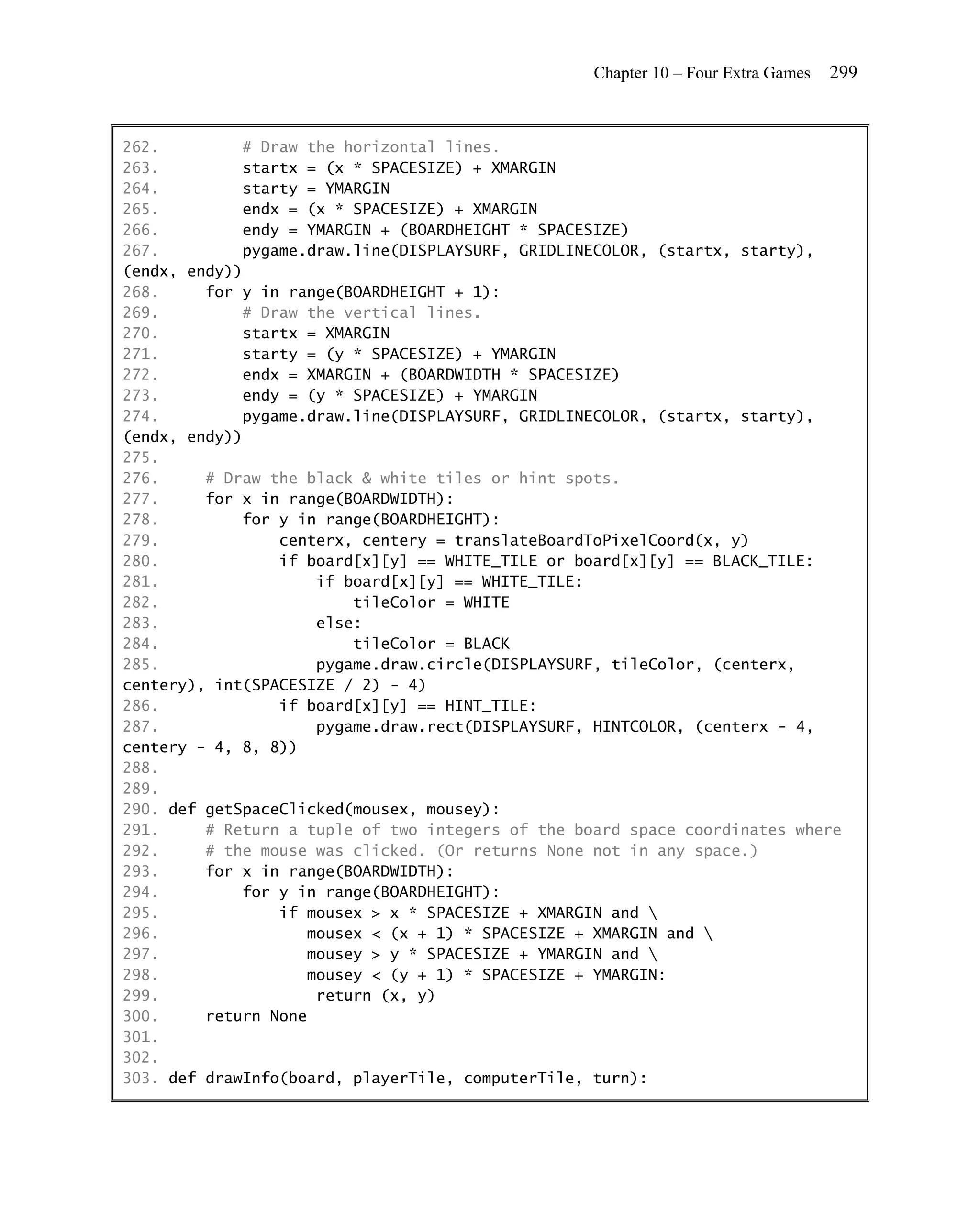 Chapter 10 – Four Extra Games   299


262.         # Draw the horizontal lines.
263.         startx = (x * SPACESIZE) + XMARGIN
264.         starty = YMARGIN
265.         endx = (x * SPACESIZE) + XMARGIN
266.         endy = YMARGIN + (BOARDHEIGHT * SPACESIZE)
267.         pygame.draw.line(DISPLAYSURF, GRIDLINECOLOR, (startx, starty),
(endx, endy))
268.     for y in range(BOARDHEIGHT + 1):
269.         # Draw the vertical lines.
270.         startx = XMARGIN
271.         starty = (y * SPACESIZE) + YMARGIN
272.         endx = XMARGIN + (BOARDWIDTH * SPACESIZE)
273.         endy = (y * SPACESIZE) + YMARGIN
274.         pygame.draw.line(DISPLAYSURF, GRIDLINECOLOR, (startx, starty),
(endx, endy))
275.
276.     # Draw the black & white tiles or hint spots.
277.     for x in range(BOARDWIDTH):
278.         for y in range(BOARDHEIGHT):
279.             centerx, centery = translateBoardToPixelCoord(x, y)
280.             if board[x][y] == WHITE_TILE or board[x][y] == BLACK_TILE:
281.                 if board[x][y] == WHITE_TILE:
282.                     tileColor = WHITE
283.                 else:
284.                     tileColor = BLACK
285.                 pygame.draw.circle(DISPLAYSURF, tileColor, (centerx,
centery), int(SPACESIZE / 2) - 4)
286.             if board[x][y] == HINT_TILE:
287.                 pygame.draw.rect(DISPLAYSURF, HINTCOLOR, (centerx - 4,
centery - 4, 8, 8))
288.
289.
290. def getSpaceClicked(mousex, mousey):
291.     # Return a tuple of two integers of the board space coordinates where
292.     # the mouse was clicked. (Or returns None not in any space.)
293.     for x in range(BOARDWIDTH):
294.         for y in range(BOARDHEIGHT):
295.             if mousex > x * SPACESIZE + XMARGIN and 
296.                mousex < (x + 1) * SPACESIZE + XMARGIN and 
297.                mousey > y * SPACESIZE + YMARGIN and 
298.                mousey < (y + 1) * SPACESIZE + YMARGIN:
299.                 return (x, y)
300.     return None
301.
302.
303. def drawInfo(board, playerTile, computerTile, turn):
 