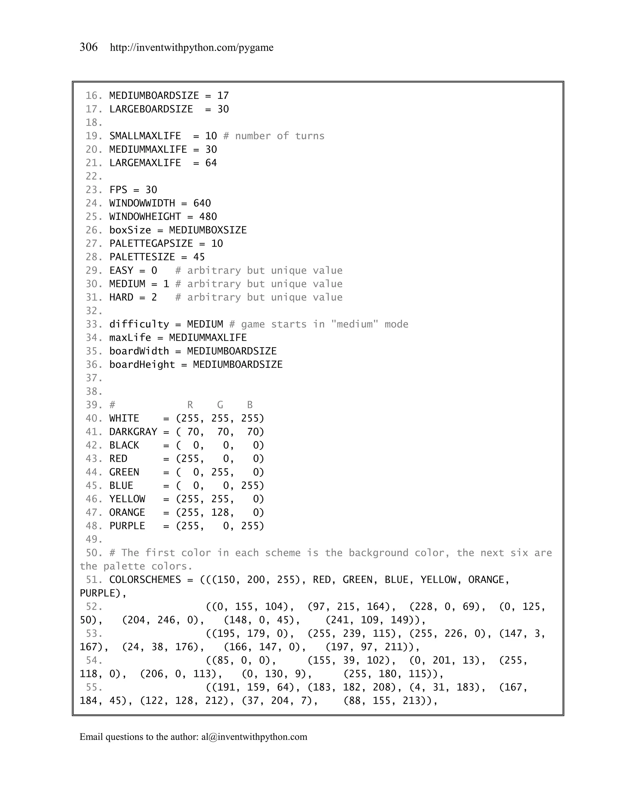 306    http://inventwithpython.com/pygame



 16. MEDIUMBOARDSIZE = 17
 17. LARGEBOARDSIZE = 30
 18.
 19. SMALLMAXLIFE = 10 # number of turns
 20. MEDIUMMAXLIFE = 30
 21. LARGEMAXLIFE = 64
 22.
 23. FPS = 30
 24. WINDOWWIDTH = 640
 25. WINDOWHEIGHT = 480
 26. boxSize = MEDIUMBOXSIZE
 27. PALETTEGAPSIZE = 10
 28. PALETTESIZE = 45
 29. EASY = 0   # arbitrary but unique value
 30. MEDIUM = 1 # arbitrary but unique value
 31. HARD = 2   # arbitrary but unique value
 32.
 33. difficulty = MEDIUM # game starts in "medium" mode
 34. maxLife = MEDIUMMAXLIFE
 35. boardWidth = MEDIUMBOARDSIZE
 36. boardHeight = MEDIUMBOARDSIZE
 37.
 38.
 39. #            R     G    B
 40. WHITE    = (255, 255, 255)
 41. DARKGRAY = ( 70, 70, 70)
 42. BLACK    = ( 0,     0,    0)
 43. RED      = (255,    0,    0)
 44. GREEN    = ( 0, 255,      0)
 45. BLUE     = ( 0,     0, 255)
 46. YELLOW   = (255, 255,     0)
 47. ORANGE   = (255, 128,     0)
 48. PURPLE   = (255,    0, 255)
 49.
 50. # The first color in each scheme is the background color, the next six are
the palette colors.
 51. COLORSCHEMES = (((150, 200, 255), RED, GREEN, BLUE, YELLOW, ORANGE,
PURPLE),
 52.                  ((0, 155, 104), (97, 215, 164), (228, 0, 69), (0, 125,
50),   (204, 246, 0),    (148, 0, 45),    (241, 109, 149)),
 53.                  ((195, 179, 0), (255, 239, 115), (255, 226, 0), (147, 3,
167), (24, 38, 176),     (166, 147, 0),   (197, 97, 211)),
 54.                  ((85, 0, 0),     (155, 39, 102), (0, 201, 13), (255,
118, 0), (206, 0, 113),     (0, 130, 9),     (255, 180, 115)),
 55.                  ((191, 159, 64), (183, 182, 208), (4, 31, 183), (167,
184, 45), (122, 128, 212), (37, 204, 7),     (88, 155, 213)),


Email questions to the author: al@inventwithpython.com
 