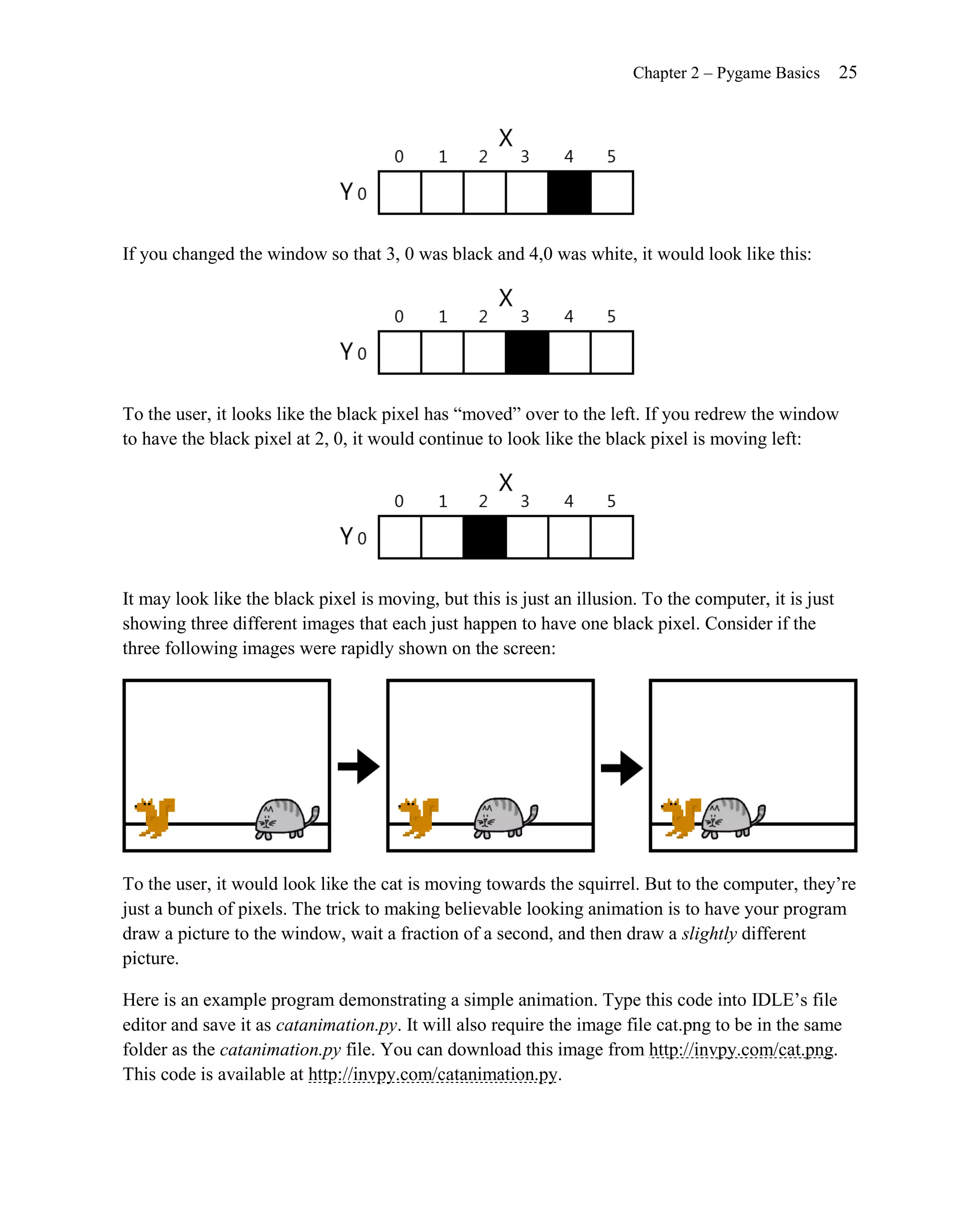 Chapter 2 – Pygame Basics       25




If you changed the window so that 3, 0 was black and 4,0 was white, it would look like this:




To the user, it looks like the black pixel has ―moved‖ over to the left. If you redrew the window
to have the black pixel at 2, 0, it would continue to look like the black pixel is moving left:




It may look like the black pixel is moving, but this is just an illusion. To the computer, it is just
showing three different images that each just happen to have one black pixel. Consider if the
three following images were rapidly shown on the screen:




To the user, it would look like the cat is moving towards the squirrel. But to the computer, they’re
just a bunch of pixels. The trick to making believable looking animation is to have your program
draw a picture to the window, wait a fraction of a second, and then draw a slightly different
picture.

Here is an example program demonstrating a simple animation. Type this code into IDLE’s file
editor and save it as catanimation.py. It will also require the image file cat.png to be in the same
folder as the catanimation.py file. You can download this image from http://invpy.com/cat.png.
This code is available at http://invpy.com/catanimation.py.
 
