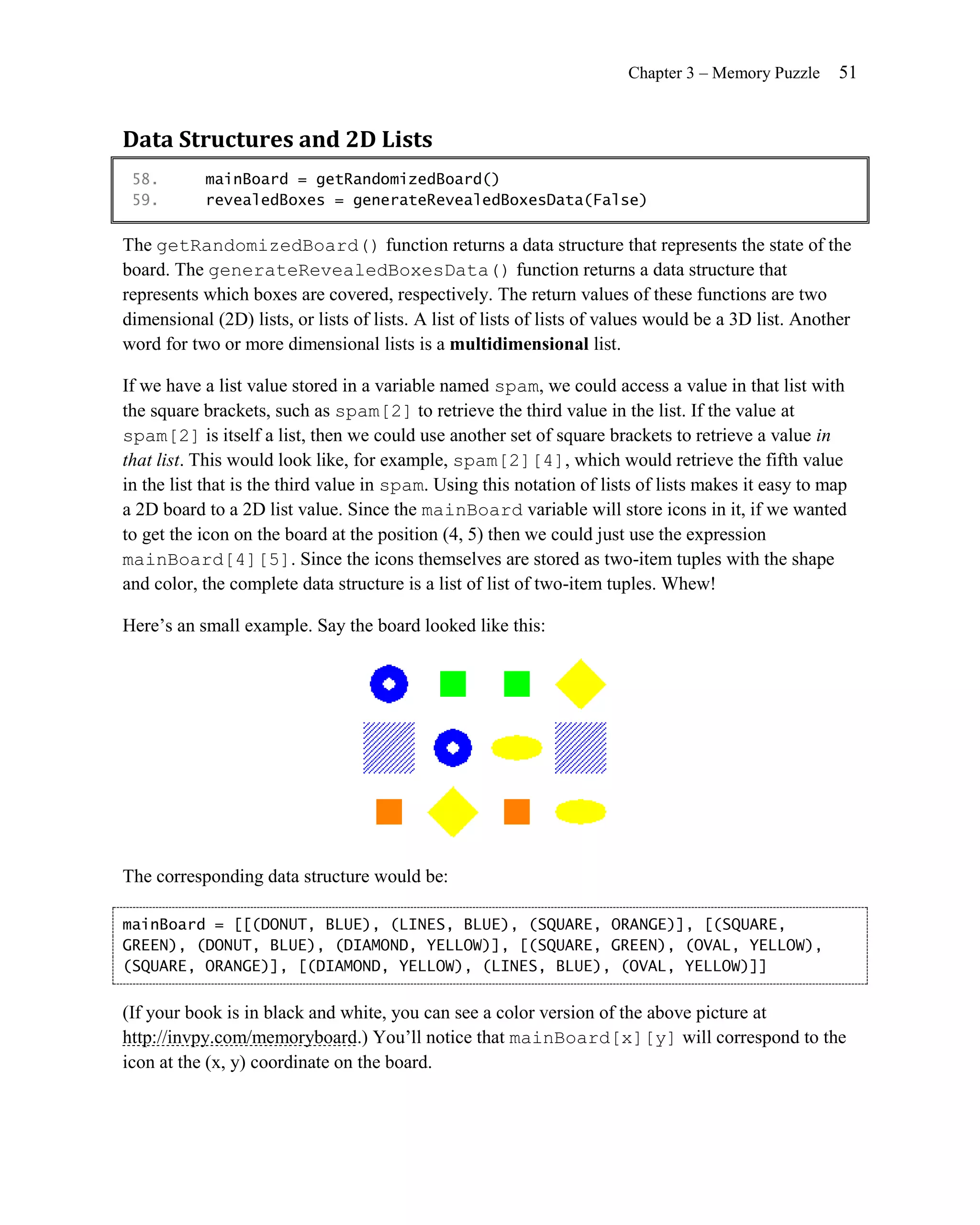 Chapter 3 – Memory Puzzle      51


Data Structures and 2D Lists
 58.       mainBoard = getRandomizedBoard()
 59.       revealedBoxes = generateRevealedBoxesData(False)

The getRandomizedBoard() function returns a data structure that represents the state of the
board. The generateRevealedBoxesData() function returns a data structure that
represents which boxes are covered, respectively. The return values of these functions are two
dimensional (2D) lists, or lists of lists. A list of lists of lists of values would be a 3D list. Another
word for two or more dimensional lists is a multidimensional list.

If we have a list value stored in a variable named spam, we could access a value in that list with
the square brackets, such as spam[2] to retrieve the third value in the list. If the value at
spam[2] is itself a list, then we could use another set of square brackets to retrieve a value in
that list. This would look like, for example, spam[2][4], which would retrieve the fifth value
in the list that is the third value in spam. Using this notation of lists of lists makes it easy to map
a 2D board to a 2D list value. Since the mainBoard variable will store icons in it, if we wanted
to get the icon on the board at the position (4, 5) then we could just use the expression
mainBoard[4][5]. Since the icons themselves are stored as two-item tuples with the shape
and color, the complete data structure is a list of list of two-item tuples. Whew!

Here’s an small example. Say the board looked like this:




The corresponding data structure would be:

mainBoard = [[(DONUT, BLUE), (LINES, BLUE), (SQUARE, ORANGE)], [(SQUARE,
GREEN), (DONUT, BLUE), (DIAMOND, YELLOW)], [(SQUARE, GREEN), (OVAL, YELLOW),
(SQUARE, ORANGE)], [(DIAMOND, YELLOW), (LINES, BLUE), (OVAL, YELLOW)]]


(If your book is in black and white, you can see a color version of the above picture at
http://invpy.com/memoryboard.) You’ll notice that mainBoard[x][y] will correspond to the
icon at the (x, y) coordinate on the board.
 