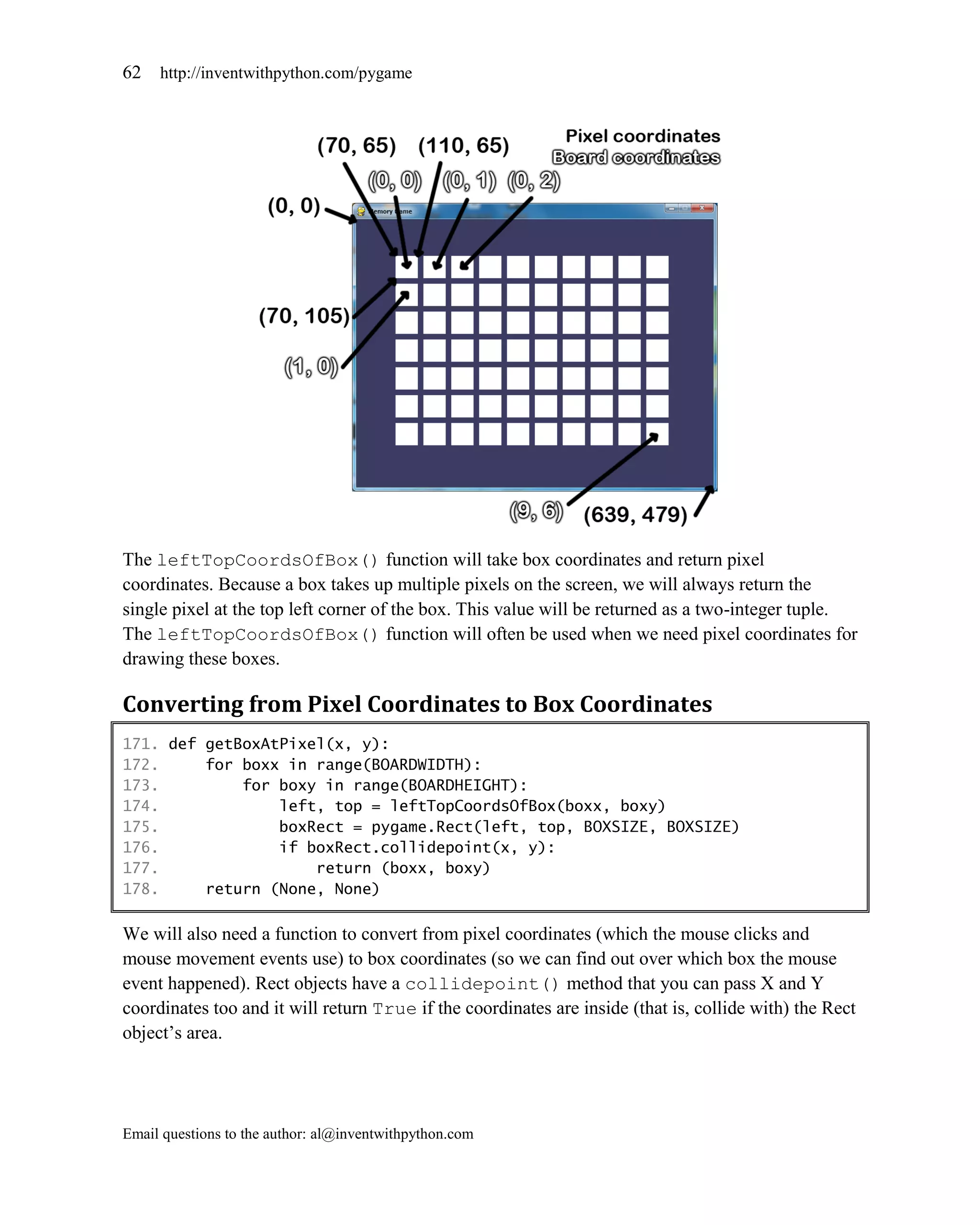 62   http://inventwithpython.com/pygame




The leftTopCoordsOfBox() function will take box coordinates and return pixel
coordinates. Because a box takes up multiple pixels on the screen, we will always return the
single pixel at the top left corner of the box. This value will be returned as a two-integer tuple.
The leftTopCoordsOfBox() function will often be used when we need pixel coordinates for
drawing these boxes.

Converting from Pixel Coordinates to Box Coordinates
171. def getBoxAtPixel(x, y):
172.     for boxx in range(BOARDWIDTH):
173.         for boxy in range(BOARDHEIGHT):
174.             left, top = leftTopCoordsOfBox(boxx, boxy)
175.             boxRect = pygame.Rect(left, top, BOXSIZE, BOXSIZE)
176.             if boxRect.collidepoint(x, y):
177.                 return (boxx, boxy)
178.     return (None, None)

We will also need a function to convert from pixel coordinates (which the mouse clicks and
mouse movement events use) to box coordinates (so we can find out over which box the mouse
event happened). Rect objects have a collidepoint() method that you can pass X and Y
coordinates too and it will return True if the coordinates are inside (that is, collide with) the Rect
object’s area.




Email questions to the author: al@inventwithpython.com
 