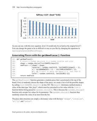 188    http://inventwithpython.com/pygame



                                                        fallFreq = 0.27 - (level * 0.01)
                                         0.3
             Fall Frequency (seconds)   0.25
                                         0.2
                                        0.15
                                         0.1
                                        0.05
                                           0
                                        -0.05   1   2   3   4   5   6   7     8 9   10 11 12 13 14 15
                                                                            Level


As you can see, with this new equation, level 14 would only be as hard as the original level 7.
You can change the game to be as difficult or easy as you like by changing the equations in
calculateLevelAndFallFreq().

Generating Pieces with the getNewPiece() Function
363. def getNewPiece():
364.     # return a random new piece in a random rotation and color
365.     shape = random.choice(list(SHAPES.keys()))
366.     newPiece = {'shape': shape,
367.                 'rotation': random.randint(0, len(SHAPES[shape]) - 1),
368.                 'x': int(BOARDWIDTH / 2) - int(TEMPLATEWIDTH / 2),
369.                 'y': -2, # start it above the board (i.e. less than 0)
370.                 'color': random.randint(0, len(COLORS)-1)}
371.     return newPiece

The getNewPiece() function generates a random piece that is positioned at the top of the
board. First, to randomly choose the shape of the piece, we create a list of all the possible shapes
by calling list(SHAPES.keys()) on line 365. The keys() dictionary method returns a
value of the data type ―dict_keys‖, which must be converted to a list value with the list()
function before being passed to random.choice(). This is because the random.choice()
function only accepts list values for its parameter. The random.choice() function then
randomly returns the value of an item from the list.

The piece data structures are simply a dictionary value with the keys 'shape', 'rotation',
'x', 'y', and 'color'.




Email questions to the author: al@inventwithpython.com
 