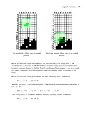 Chapter 7 - Tetromino   191




 The board with a falling piece in a valid          The board with the falling piece in an invalid
                position.                                            position.



On the left board, the falling piece’s (that is, the top left corner of the falling piece’s) XY
coordinates are (2, 3) on the board. But the boxes inside the falling piece’s coordinate system
have their own coordinates. To find the ―board‖ coordinates of these pieces, we just have to add
the ―board‖ coordinates of the falling piece’s top left box and the ―piece‖ coordinates of the
boxes.

On the left board, the falling piece’s boxes are at the following ―piece‖ coordinates:

        (2, 2)   (3, 2)   (1, 3)   (2, 3)

When we add the (2, 3) coordinate (the piece’s coordinates on the board) to these coordinates, it
looks like this:

        (2 + 2, 2 + 3)    (3 + 2, 2 + 3)    (1 + 2, 3 + 3)   (2 + 2, 3 + 3)

After adding the (2, 3) coordinate the boxes are at the following ―board‖ coordinates:

        (4, 5)   (5, 5)   (3, 6)   (4, 6)
 