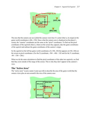 Chapter 8 – Squirrel Eat Squirrel   217




The area that the camera can see (called the camera view) has it’s center (that is, its origin) at the
game world coordinates (-486, -330). Since what the camera sees is displayed on the player’s
screen, the ―camera‖ coordinates are the same as the ―pixel‖ coordinates. To find out the pixel
coordinates of the squirrels (that is, where on the screen they appear), take the game coordinates
of the squirrel and subtract the game coordinates of the camera’s origin.

So the squirrel on the left has game world coordinates of (-384, -84) but appears at (102, 246) on
the screen in pixel coordinates. (For the X coordinate, -384 - -486 = 102 and for the Y coordinate,
-84 - -330 = 246.)

When we do the same calculation to find the pixel coordinates of the other two squirrels, we find
that they exist outside of the range of the screen. This is why they don’t appear in the camera’s
view.

The “Active Area”
The ―active area‖ is just a name I came up with to describe the area of the game world that the
camera views plus an area around it the size of the camera area:
 