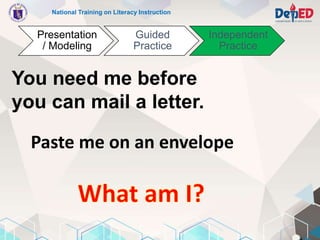 National Training on Literacy Instruction
You need me before
you can mail a letter.
Paste me on an envelope
Presentation
/...
