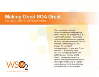 Making Good SOA Great
The WSO2 story of componentization


                                     User experience improves
                                     tremendously when products evolve
                                     from a one-size-fits-all approach to a
                                     customizable solution. Customizing
                                     sophisticated products requires wisely
                                     factoring the core components. Service
                                     Oriented Architecture (SOA) has
                                     brought the benefits of
                                     componentization to enterprise IT, and
                                     now WSO2 is extending these
                                     end-user benefits significantly with
                                     WSO2 Carbon. The new WSO2
                                     Carbon framework represents a
                                     seismic shift in the middleware market,
                                     allowing the middleware to adapt to
                                     your enterprise, rather than adapting
                                     your enterprise to the middleware.

The open source SOA company
 