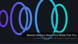 MAKING GOOGLE ANALYTICS WORK FOR YOU
A workshop to work smarter not harder in Google Analytics
 