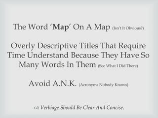 The Word ?Map? On A Map (Isn?t It Obvious?)
Overly Descriptive Titles That Require
Time Understand Because They Have So
Many Words In Them (See What I Did There)
Avoid A.N.K. (Acronyms Nobody Knows)
? Verbiage Should Be Clear And Concise.

 