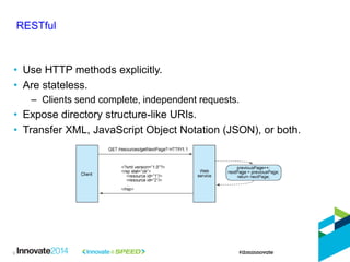 RESTful 
•Use HTTP methods explicitly. 
•Are stateless. 
–Clients send complete, independent requests. 
•Expose directory ...