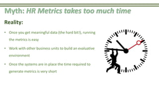 Myth: HR Metrics takes too much time
Reality:
• Once you get meaningful data (the hard bit!), running
the metrics is easy
...