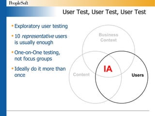 User Test, User Test, User Test Exploratory user testing 10  representative  users is usually enough One-on-One testing,  not   focus groups Ideally do it more than once 