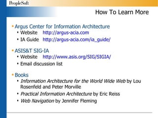 How To Learn More Argus Center for Information Architecture Website  http://argus-acia.com IA Guide http://argus-acia.com/ia_guide/ ASIS&T SIG-IA Website http://www.asis.org/SIG/SIGIA/ Email discussion list Books Information Architecture for the World Wide Web  by Lou Rosenfeld and Peter Morville Practical Information Architecture  by Eric Reiss Web Navigation  by Jennifer Fleming 