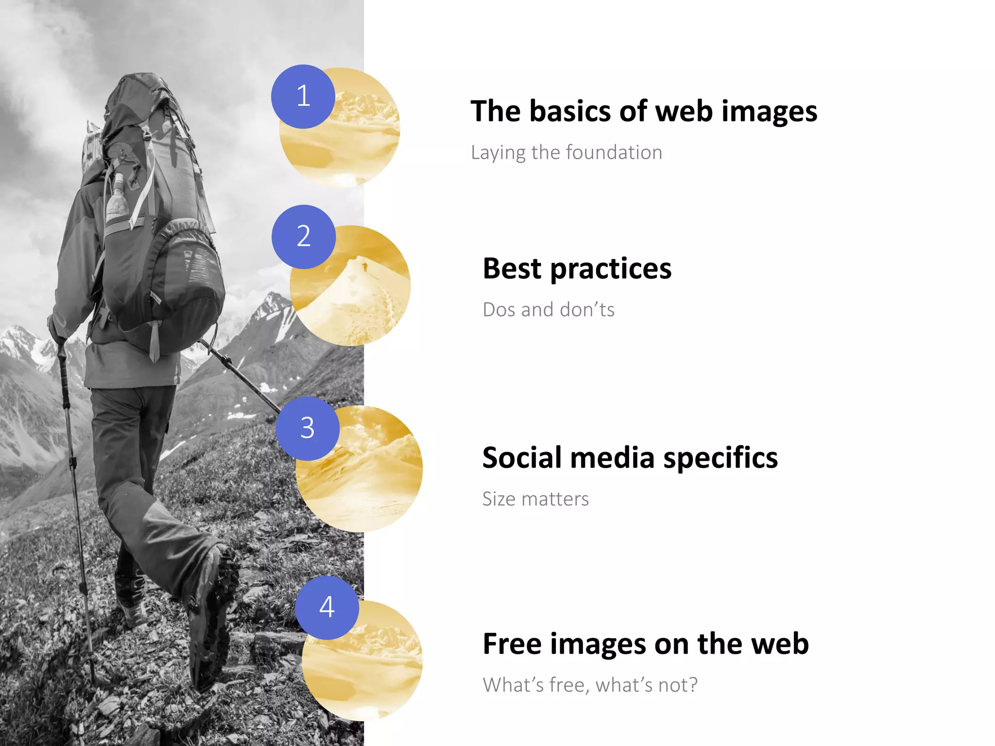 The basics of web images
Laying the foundation
Best practices
Dos and don’ts
Social media specifics
Size matters
1
2
3
4
Free images on the web
What’s free, what’s not?
 