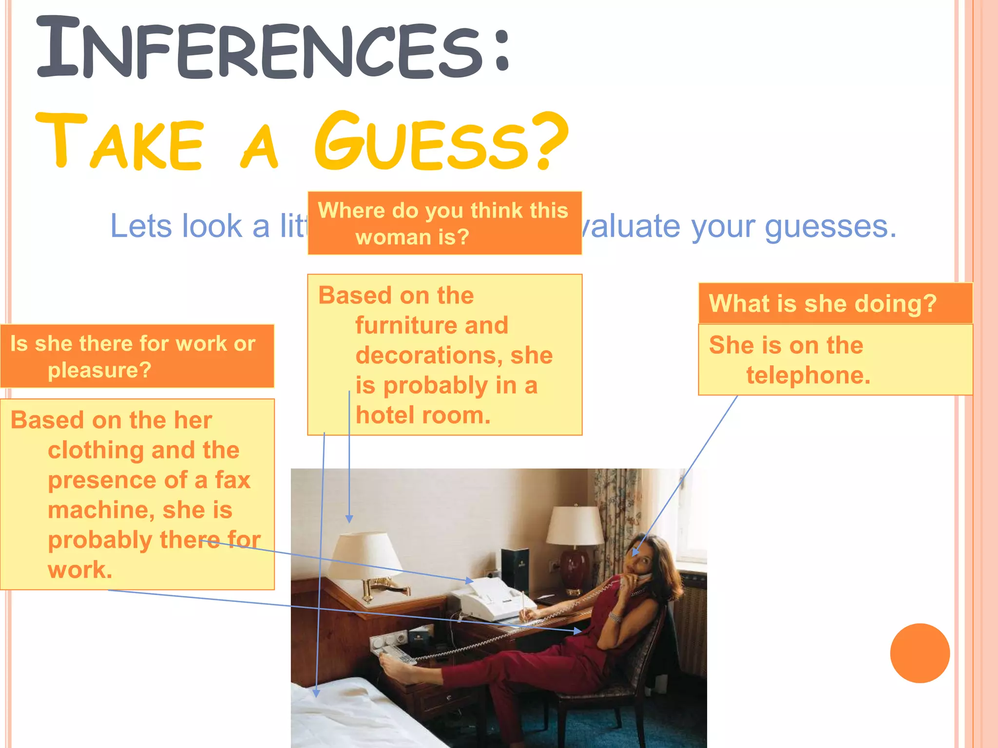 INFERENCES:
TAKE A GUESS?
Lets look a little bit closer and evaluate your guesses.
What is she doing?
She is on the
telephone.
Where do you think this
woman is?
Based on the
furniture and
decorations, she
is probably in a
hotel room.
Is she there for work or
pleasure?
Based on the her
clothing and the
presence of a fax
machine, she is
probably there for
work.
 