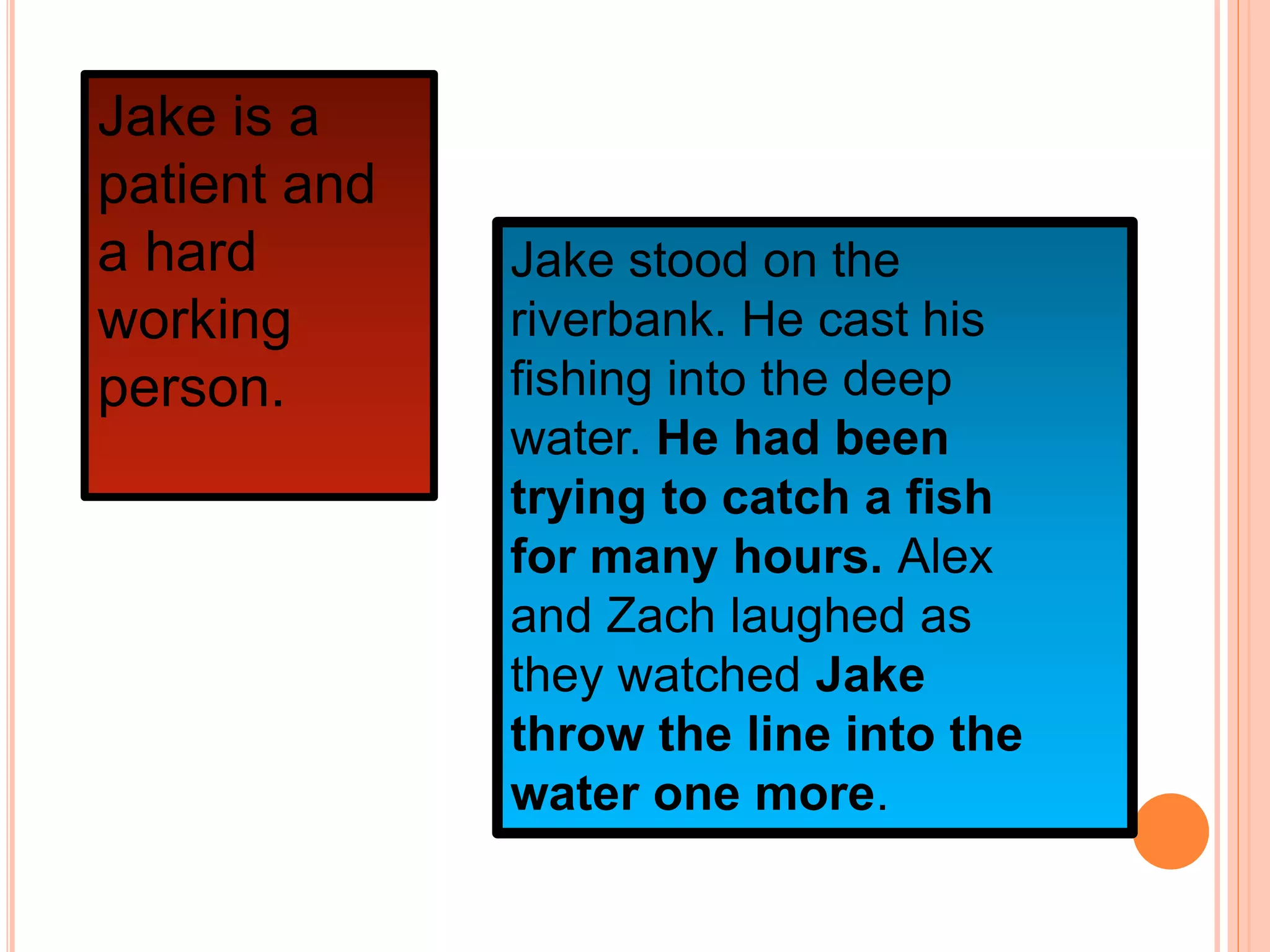 Jake stood on the
riverbank. He cast his
fishing into the deep
water. He had been
trying to catch a fish
for many hours. Alex
and Zach laughed as
they watched Jake
throw the line into the
water one more.
Jake is a
patient and
a hard
working
person.
 