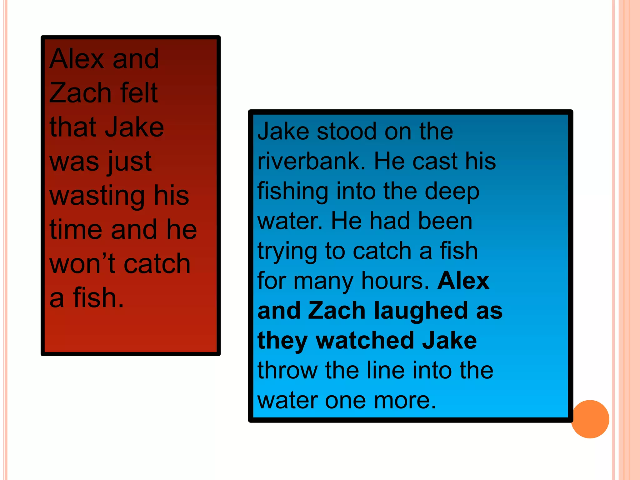 Jake stood on the
riverbank. He cast his
fishing into the deep
water. He had been
trying to catch a fish
for many hours. Alex
and Zach laughed as
they watched Jake
throw the line into the
water one more.
Alex and
Zach felt
that Jake
was just
wasting his
time and he
won’t catch
a fish.
 