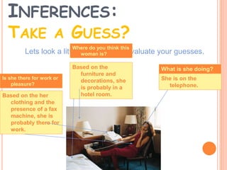 INFERENCES:
TAKE A GUESS?
Lets look a little bit closer and evaluate your guesses.
What is she doing?
She is on the
telephone.
Where do you think this
woman is?
Based on the
furniture and
decorations, she
is probably in a
hotel room.
Is she there for work or
pleasure?
Based on the her
clothing and the
presence of a fax
machine, she is
probably there for
work.
 