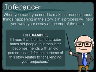 Inference:
When you read, you need to make inferences about
things happening in the story. (This process will help
you wri...