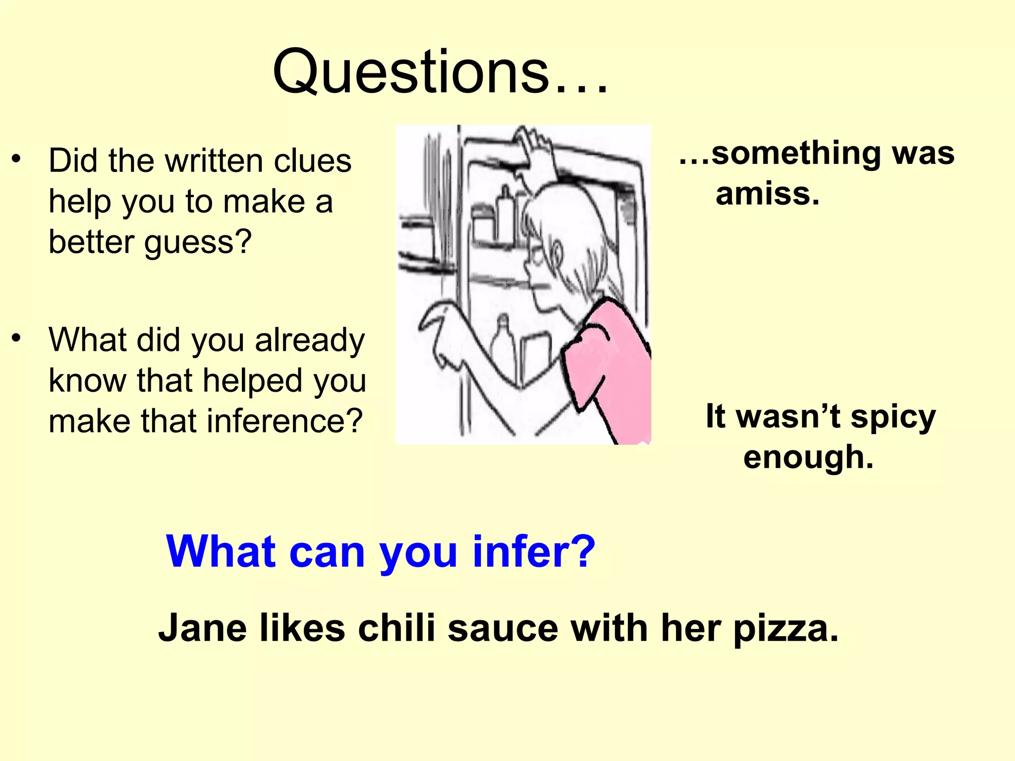 Questions…
• Did the written clues              …something was
  help you to make a                  amiss.
  better guess?

• What did you already
  know that helped you
  make that inference?                 It wasn’t spicy
                                          enough.

          What can you infer?
         Jane likes chili sauce with her pizza.
 
