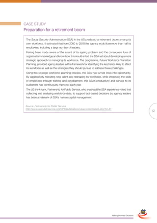 CASE STUDY
Preparation for a retirement boom

 The Social Security Administration (SSA) in the US predicted a retirement boom among its
 own workforce. It estimated that from 2000 to 2010 the agency would lose more than half its
 employees, including a large number of leaders.
 Having been made aware of the extent of its ageing problem and the consequent loss of
 organisation knowledge and know-how this would entail, the SSA set about developing a more
 strategic approach to managing its workforce. The programme, Future Workforce Transition
 Planning, provided agency leaders with a framework for identifying the key trends likely to affect
 its workforce as well as the strategies they should pursue to address these challenges.
 Using this strategic workforce planning process, the SSA has turned crisis into opportunity.
 By aggressively recruiting new talent and reshaping its workforce, while improving the skills
 of employees through training and development, the SSA’s productivity and service to its
 customers has continuously improved each year.
 The US think-tank, Partnership for Public Service, who analysed the SSA experience noted that
 collecting and analysing workforce data, to support fact-based decisions by agency leaders
 has been a hallmark of SSA’s human capital management.


 Source: Partnership for Public Service
 http://www.ourpublicservice.org/OPS/publications/viewcontentdetails.php?id=81
                                                                                                                            12




                                                          Full Version                                       Simplified Version




                                                                                 Making Informed Decisions
 